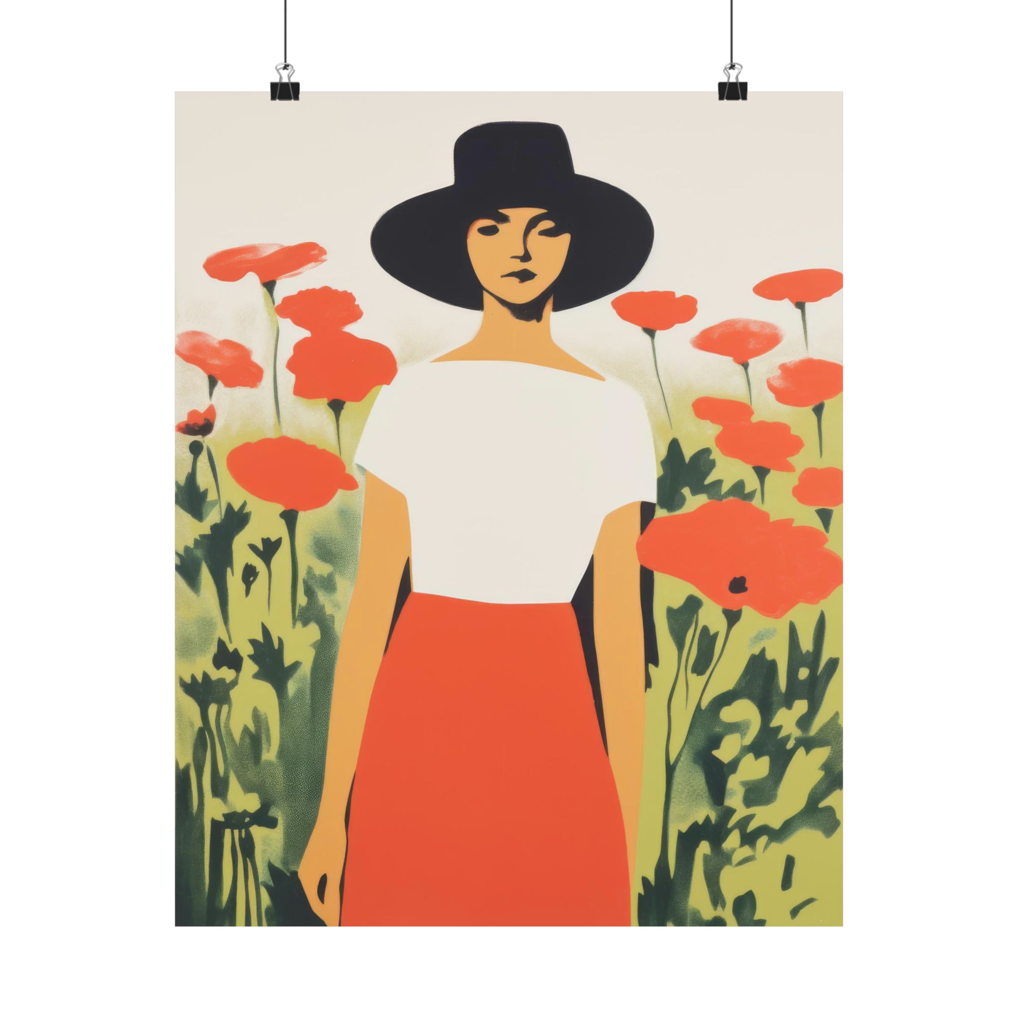 Illustration of a woman in a white top and red skirt standing in a field of poppies, ideal as vintage art wall decor for living room. - The Long Gaze print by Printify