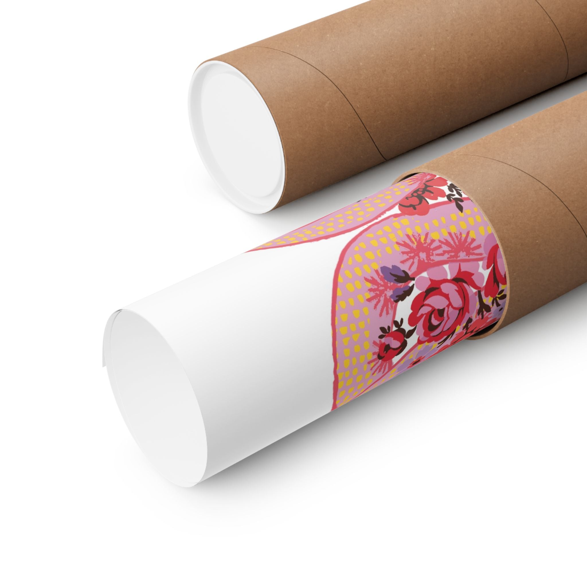 A “Snake with Roses” large matte poster by Printify, printed on museum-grade paper with archival inks, displays a pink, yellow, and red floral design partially unrolled from a brown tube; another tube lies closed next to it. Available in 7 sizes.