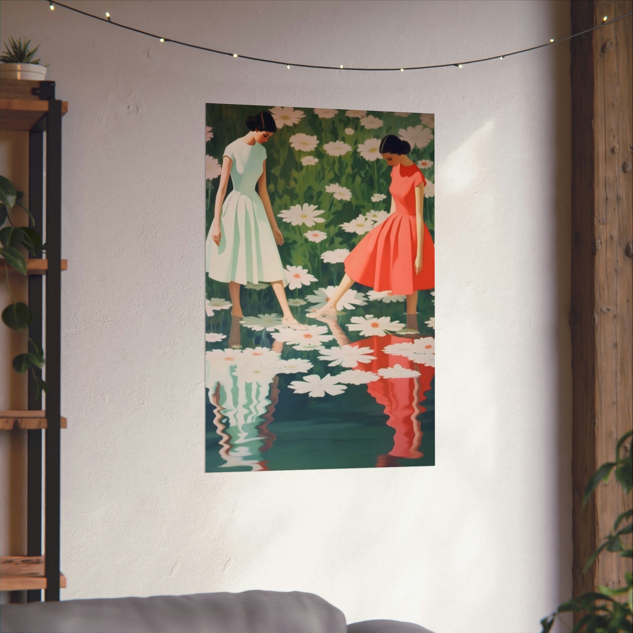 A framed art print of Dance of the Waterlilies by Printify, serving as elegant wall decor on a well-lit wall with string lights above.