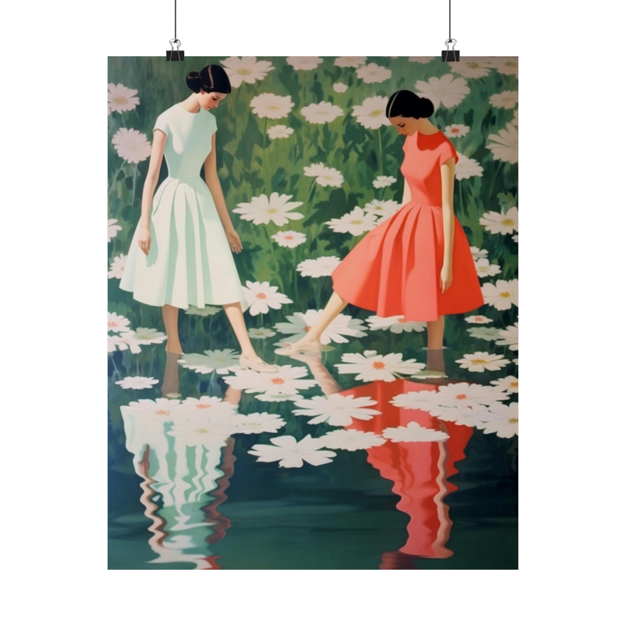 Two illustrated figures in dresses wading through water with reflected daisies, perfect as wall art for the living room. Check out the "Dance of the Waterlilies" large matte poster available in 3 sizes by Printify.