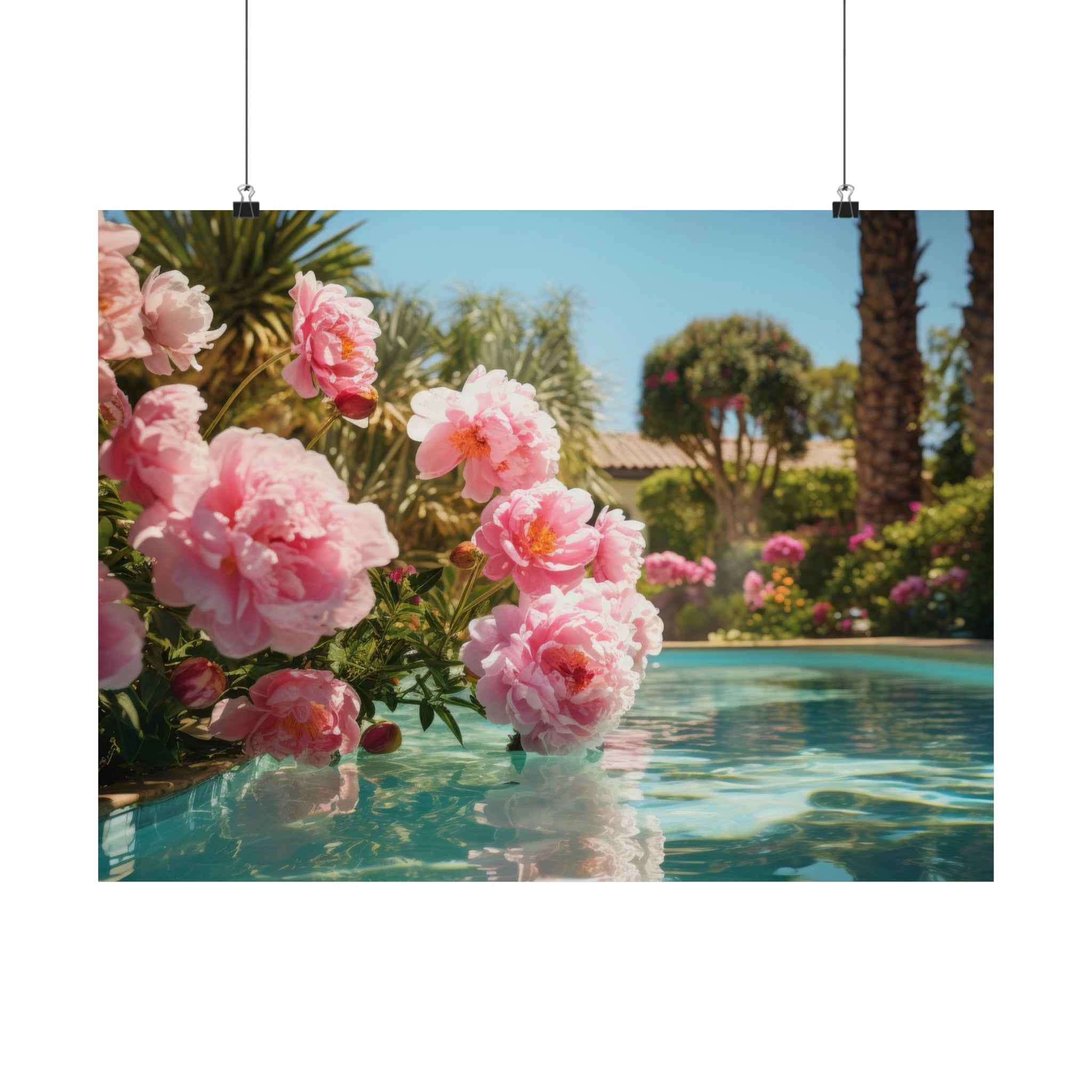 A Poolhouse with pink flowers and walls with art.
Product Name: Large Matte Poster | 3 Sizes
Brand Name: Printify