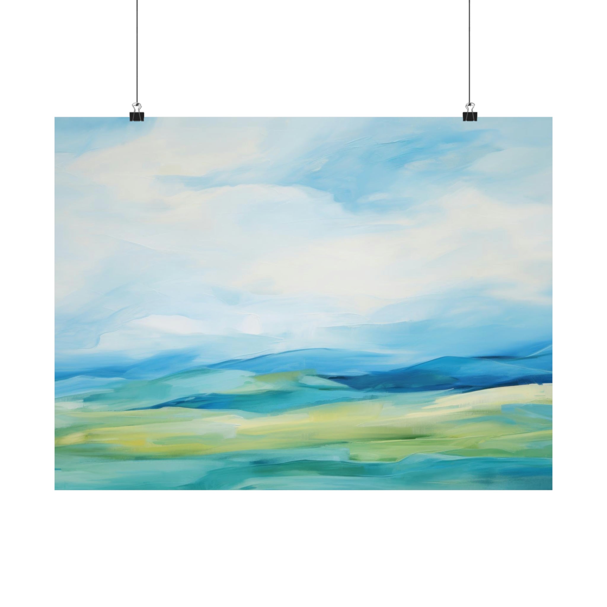 Distant Blues poster from Printify with abstract landscape painting, blue sky, and green fields displayed as wall decor in a gallery setting.