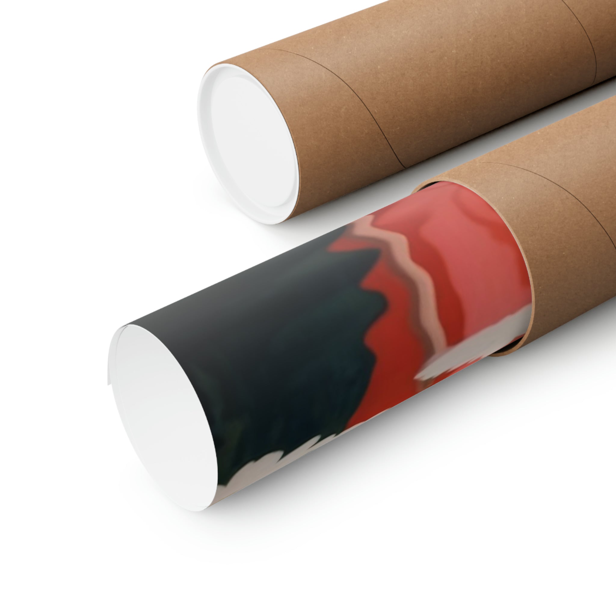 Two rolled-up Dance of the Waterlilies posters by Printify, with one partially unrolled revealing a red and black abstract design, on a white background.