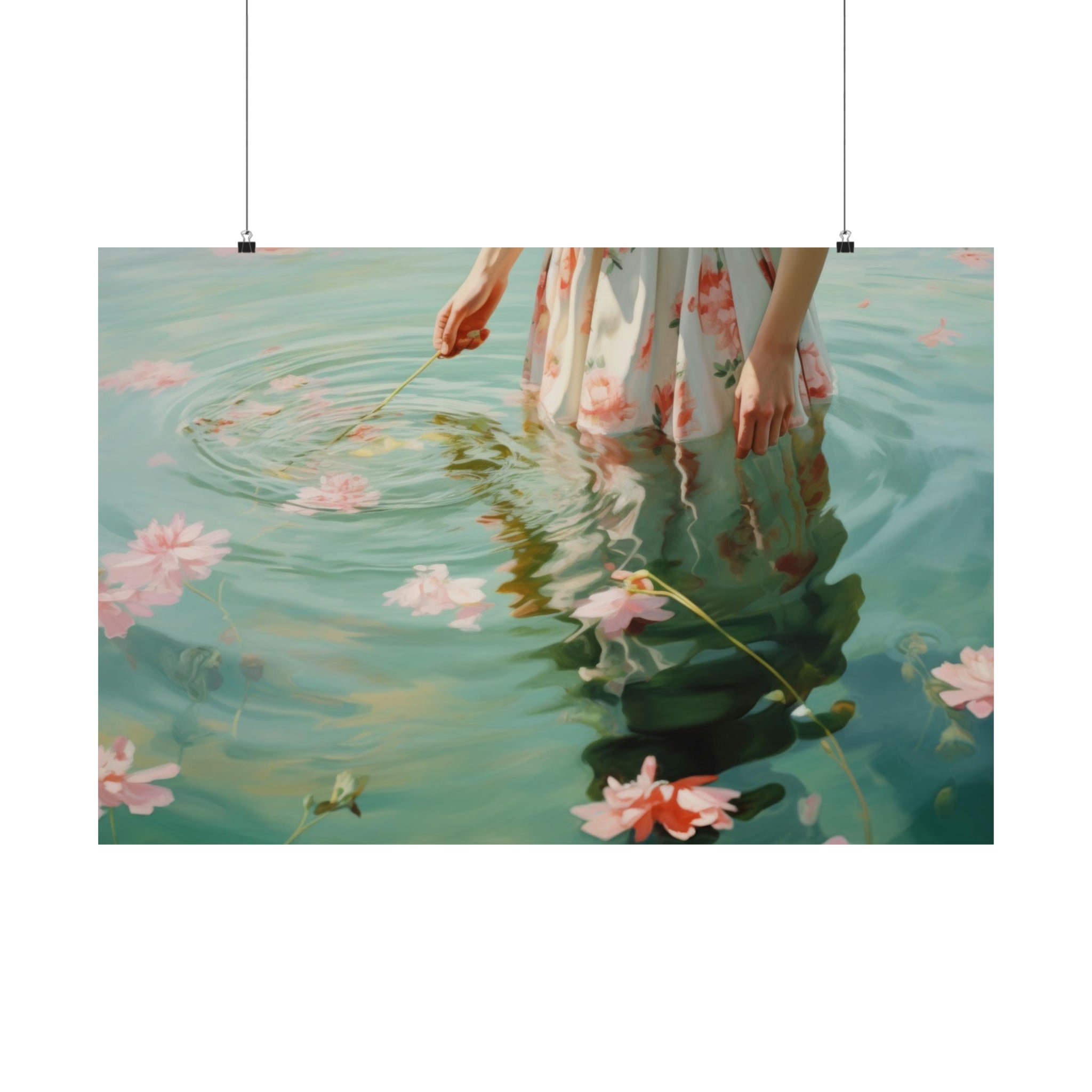 An art print of Ripples by Printify, featuring a person standing in water with flowers, gently touching the surface creating ripples, perfect for wall decor.