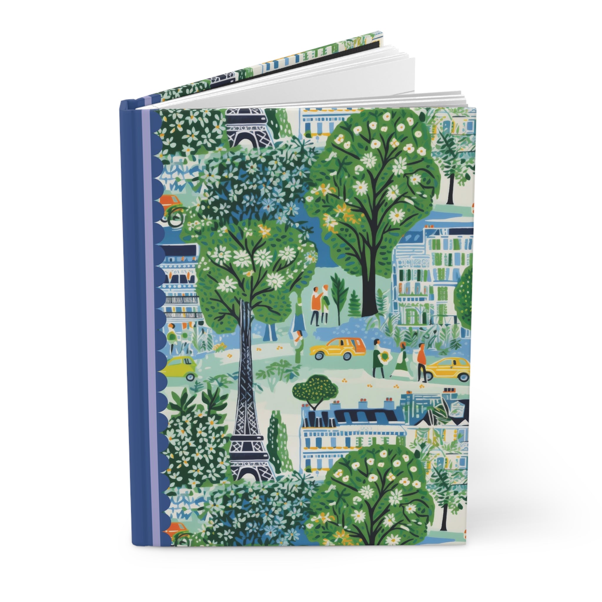 A Hardcover Journal Matte with an illustrated cover of a Paris scene: Eiffel Tower, trees, buildings, and people. The spine is blue. This customizable journal from Printify features lined pages for your thoughts and sketches.