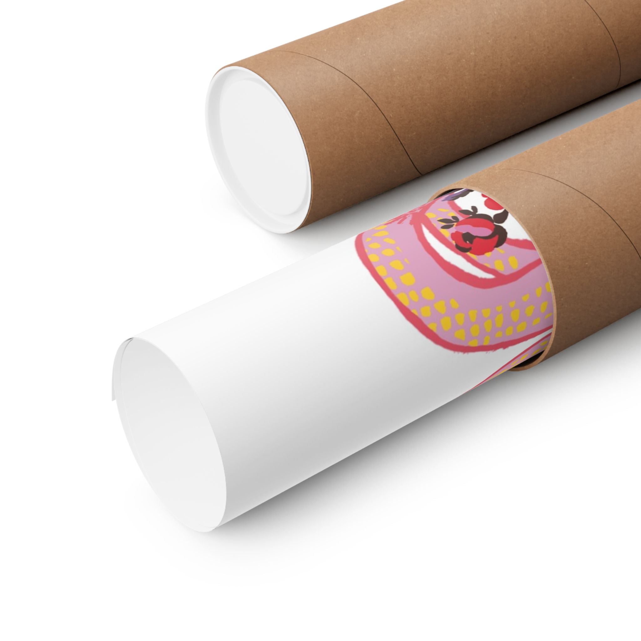 The "Snake with Roses | Large Matte Poster" by Printify, crafted on premium matte paper with archival inks, features vivid pink and yellow patterns and is shown partially unrolled from a brown cardboard tube on a white background.