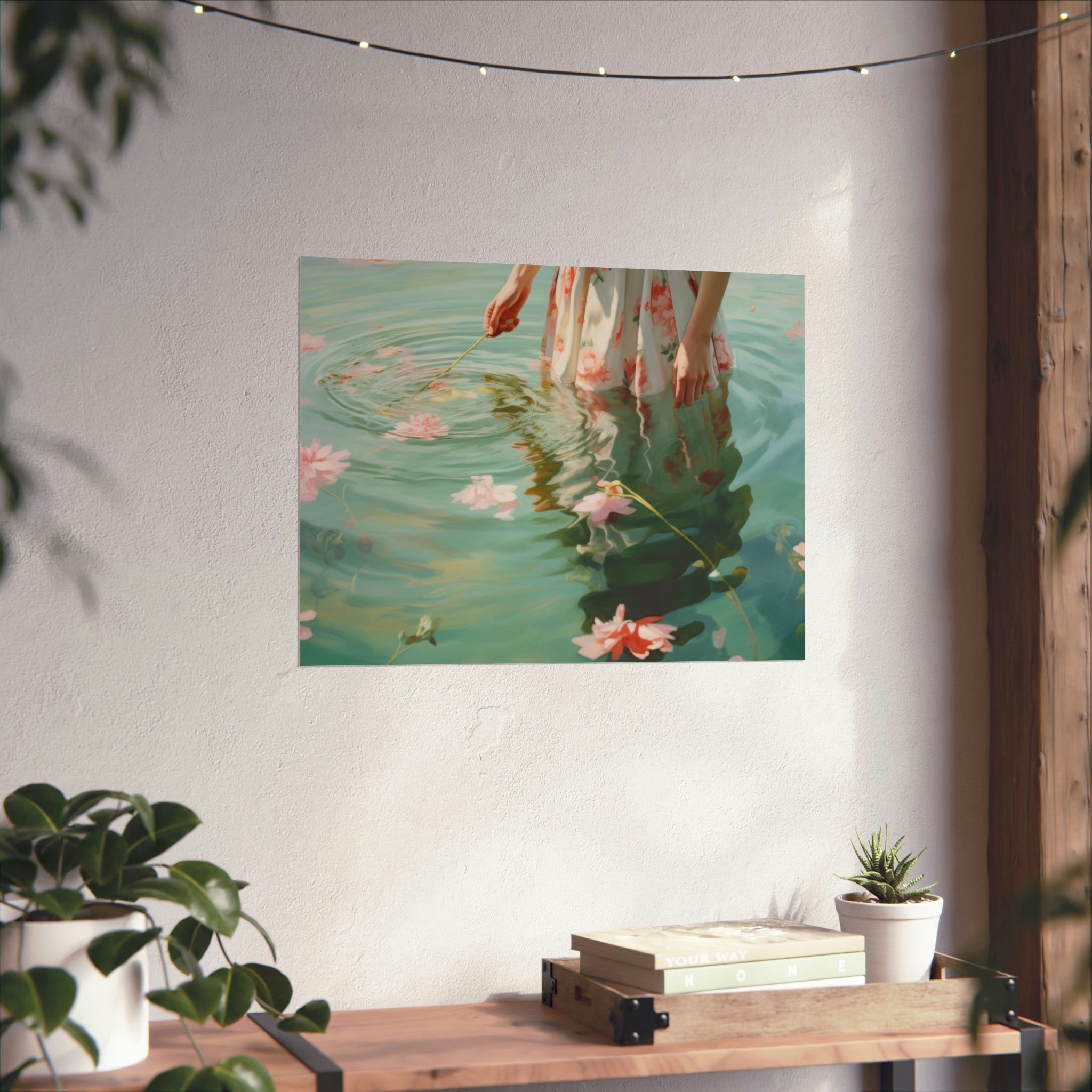 A serene illustration of legs wading through water with flowers, displayed as wall art in a cozy room with plants. 
Product Name: Ripples Large Matte Poster by Printify, available in 3 Sizes.