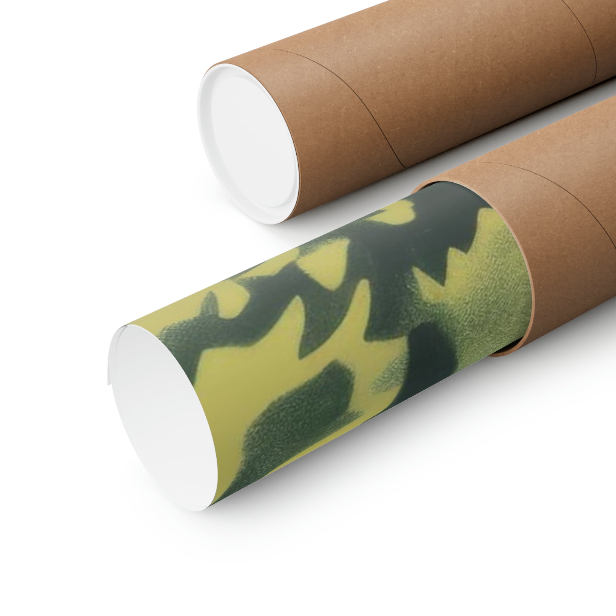 Two cardboard tubes with one partially covered in a green and yellow camouflage pattern, serving as unique vintage art wall decor of The Long Gaze poster by Printify.