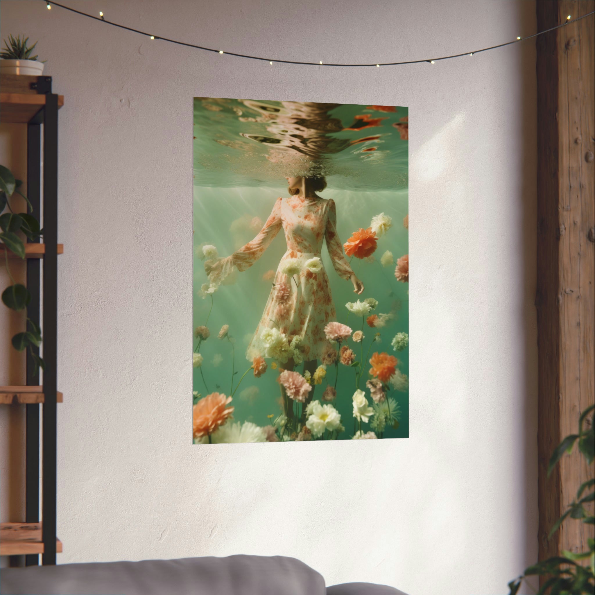 A framed underwater photograph of a person surrounded by flowers displayed as wall art for living room in a cozy setting with ambient lighting using She Drifted Large Matte Poster in 3 Sizes from Printify.