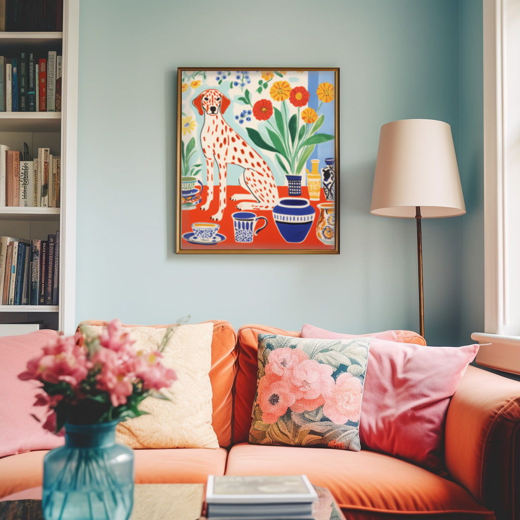 Photo of framed Stannie & Lloyd art on wall above an orange couch next to a tall lamp.