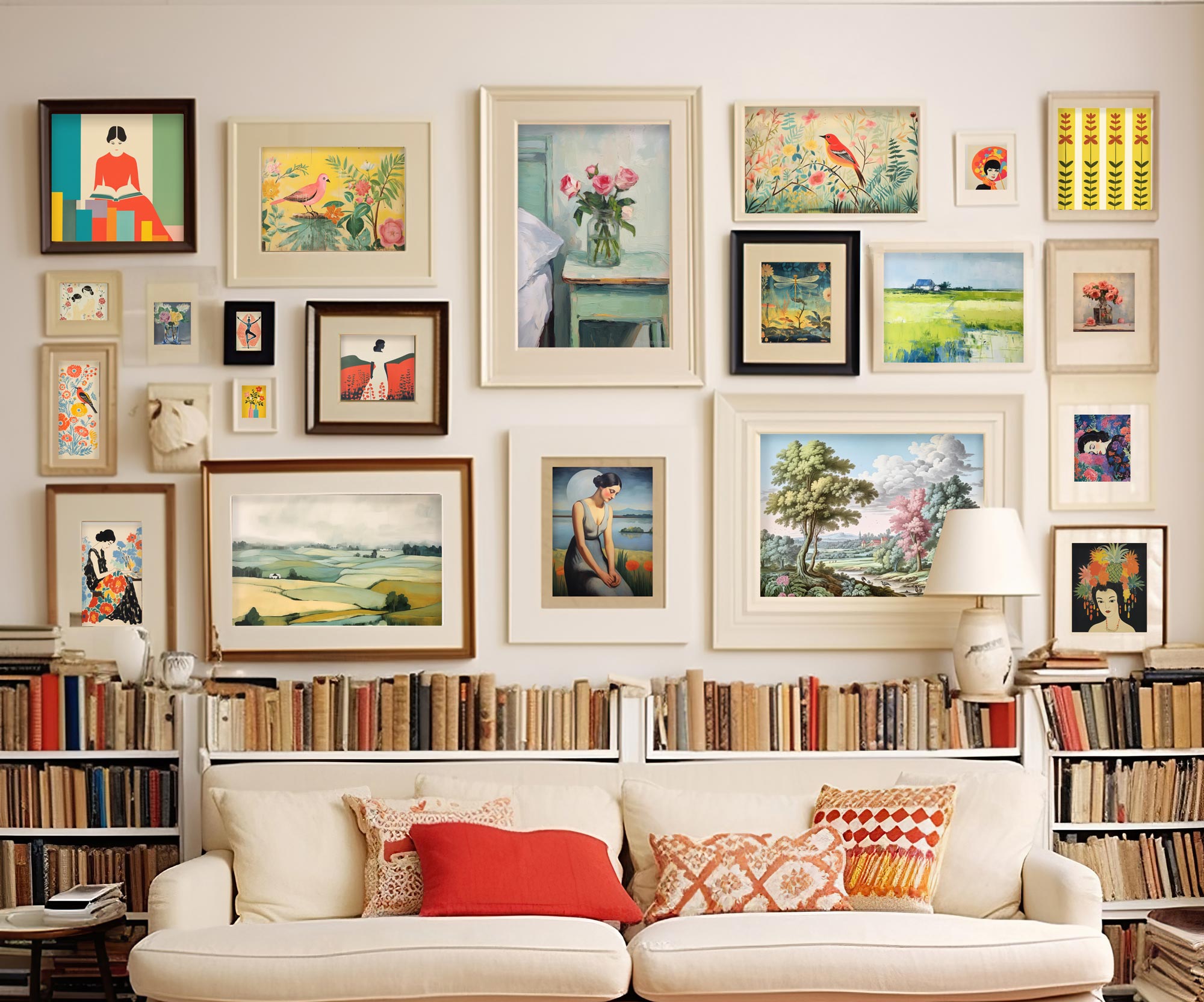 A living room with many framed pictures on the wall showcasing printed art.