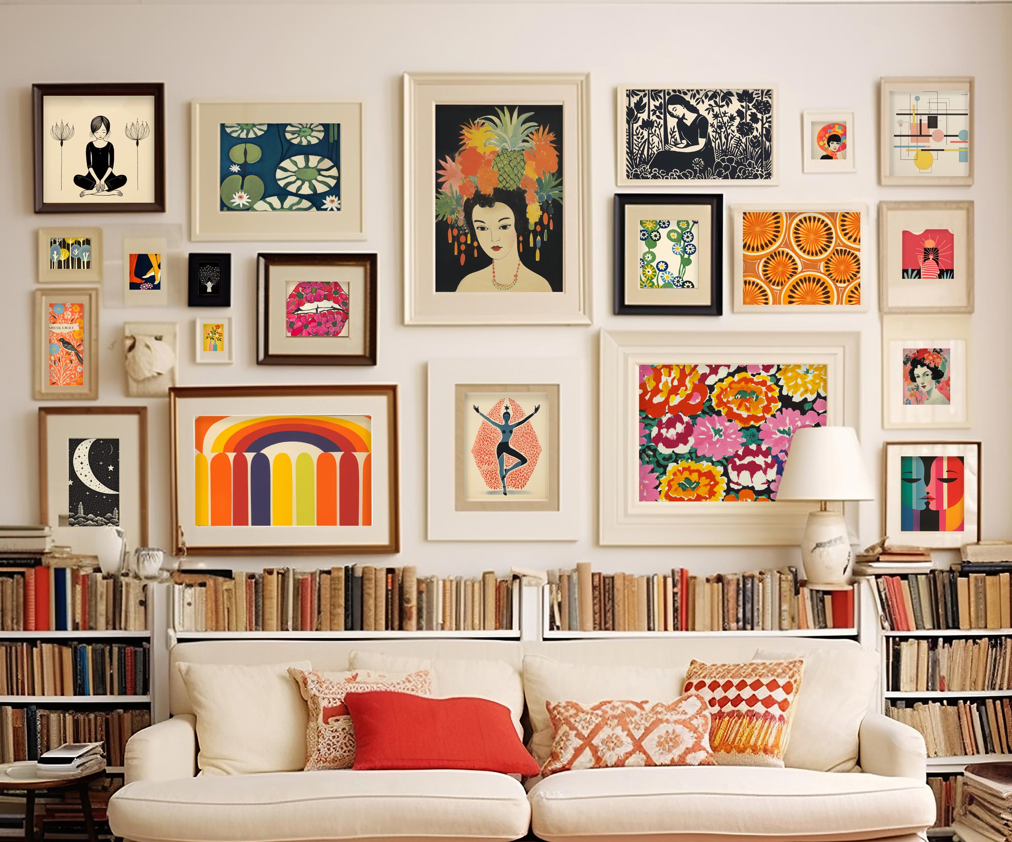 A living room with many framed pictures on the wall showcasing printed art.