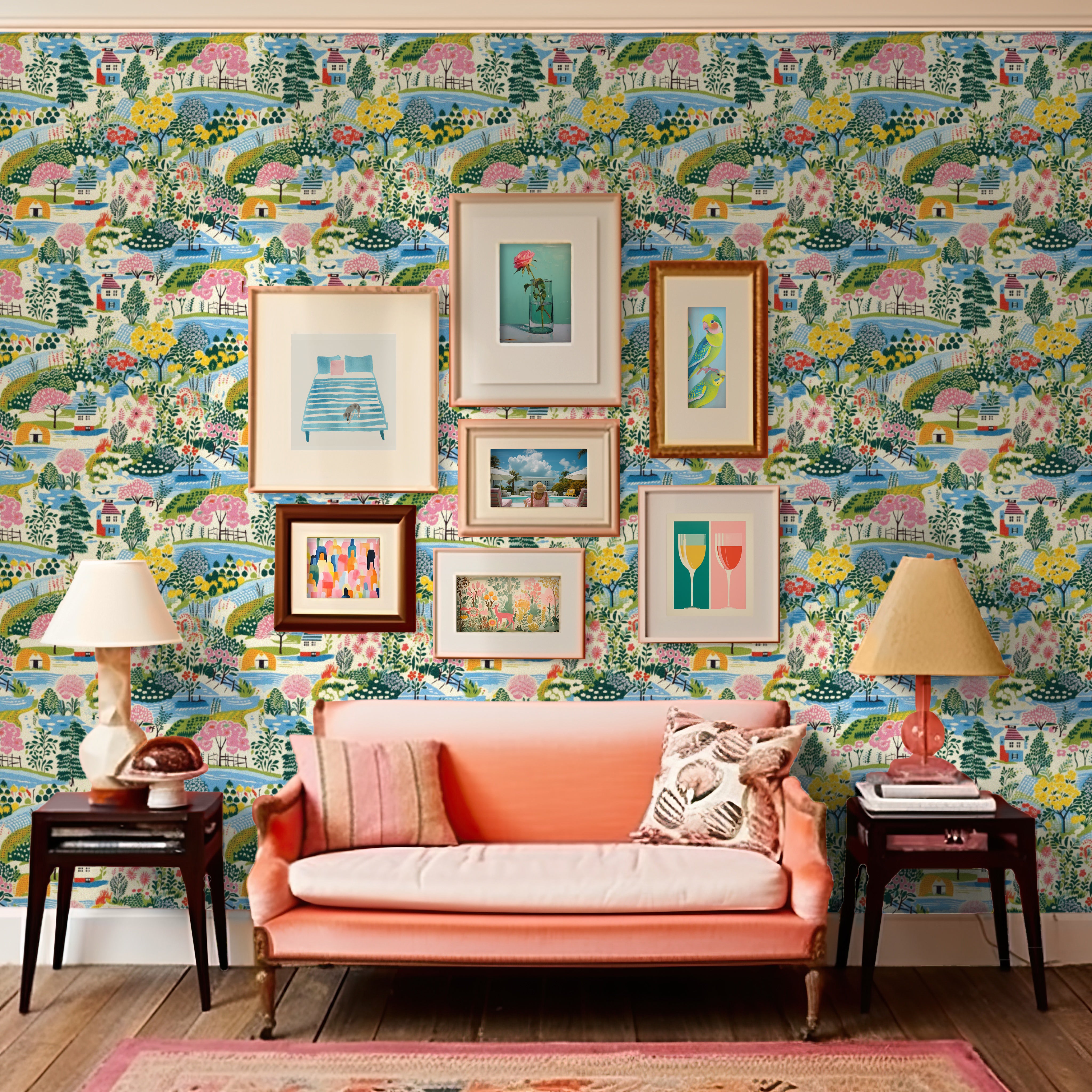 A living room with framed art and colorful wallpaper.