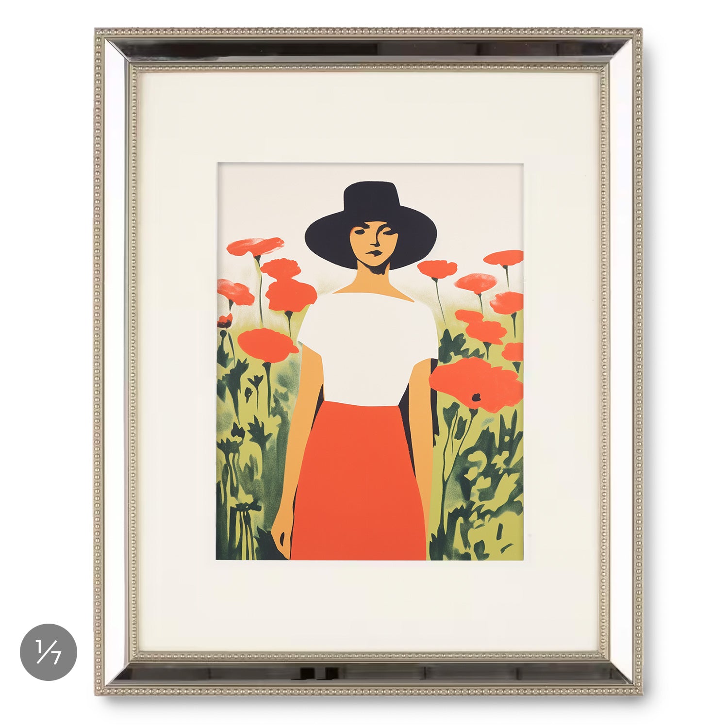 A framed print of a woman in a hat in a field of poppies, perfect for your Stannie & Lloyd Gallery Wall | A Quiet Sunday | 7 Piece Set.