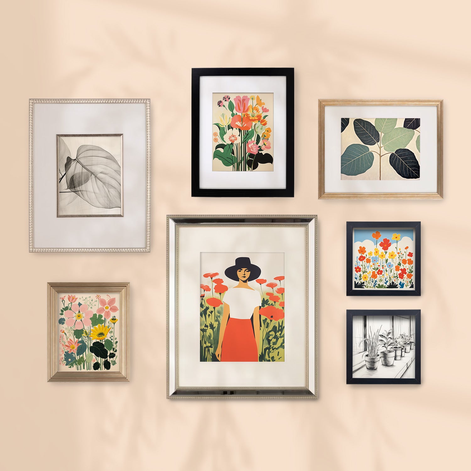 A Stannie & Lloyd gallery wall of framed prints showcasing A Quiet Sunday 7 Piece Set.