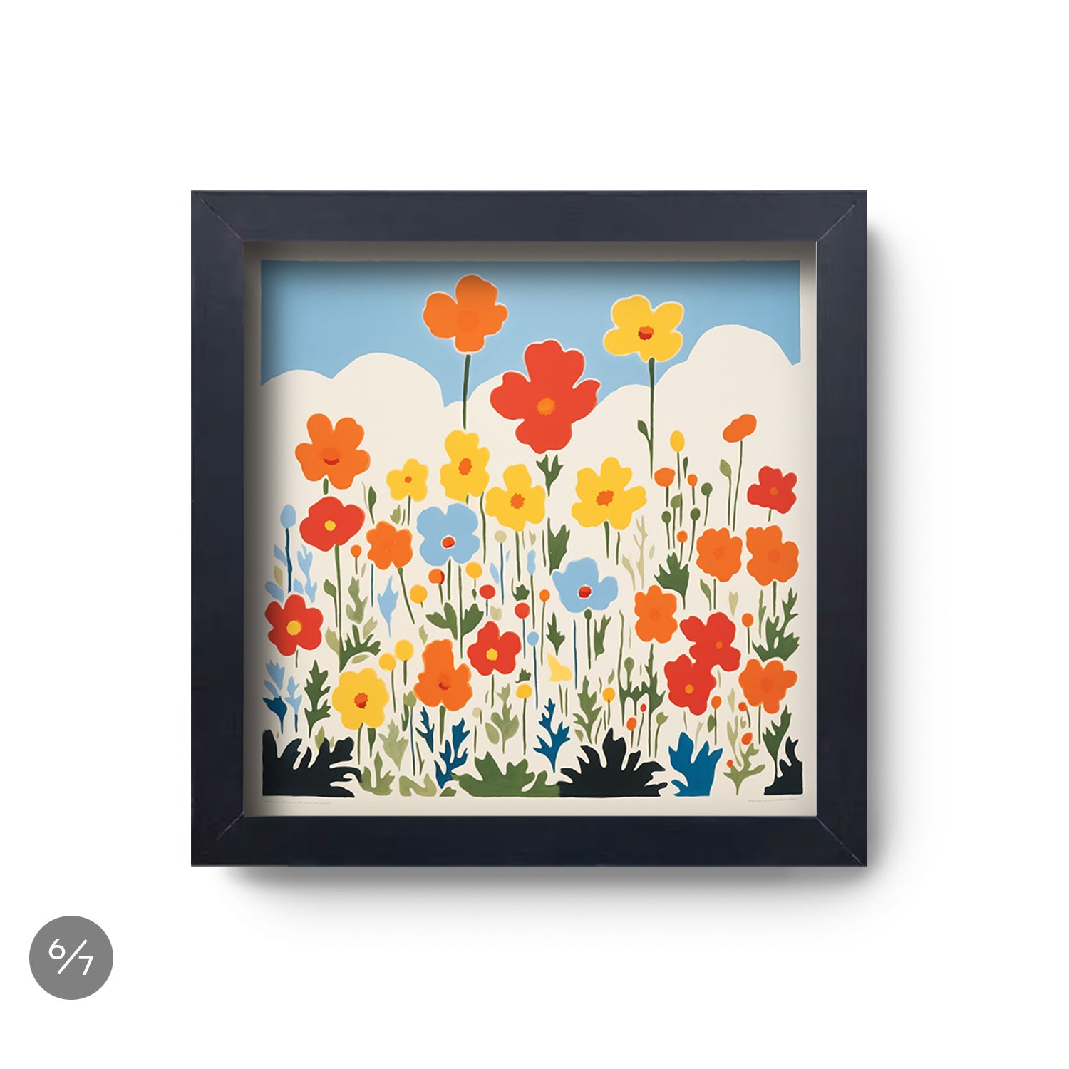 A Stannie & Lloyd gallery wall featuring a framed print of flowers in a blue frame from the A Quiet Sunday 7 Piece Set.