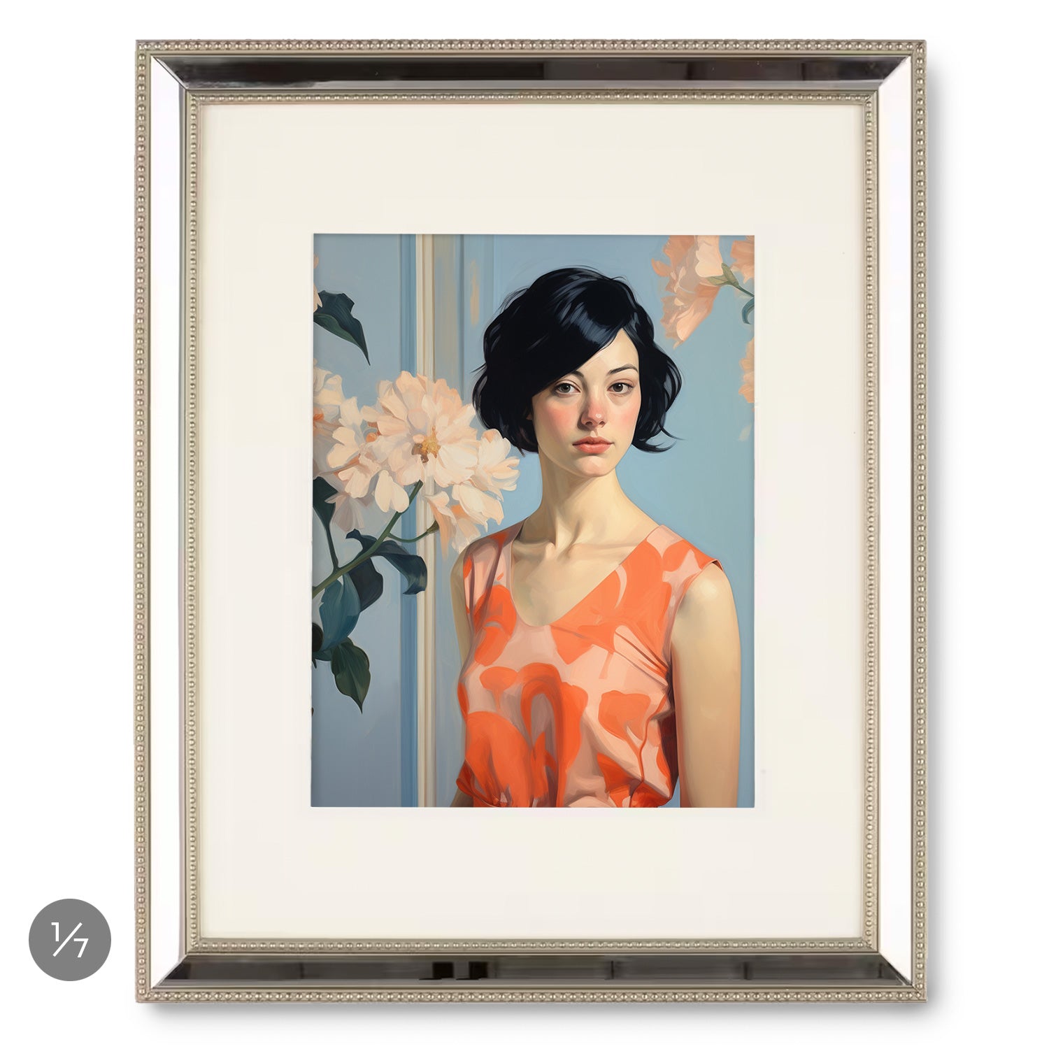 An Stannie & Lloyd art gallery wall displaying a framed portrait of a woman in an orange dress from the Gallery Wall | Holiday | 7 Piece Set.