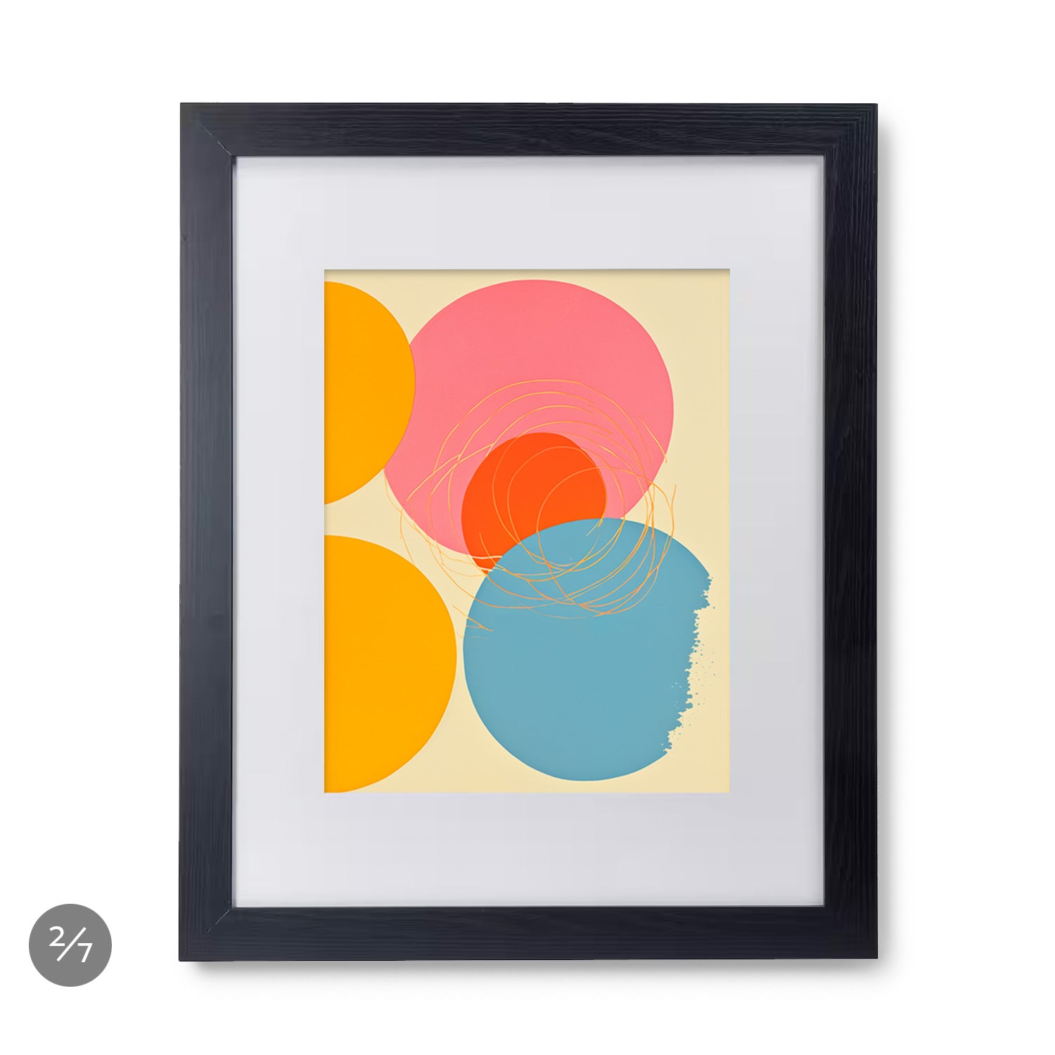 A Stannie & Lloyd Gallery Wall | Holiday | 7 Piece Set art print with colorful circles framed in frames.