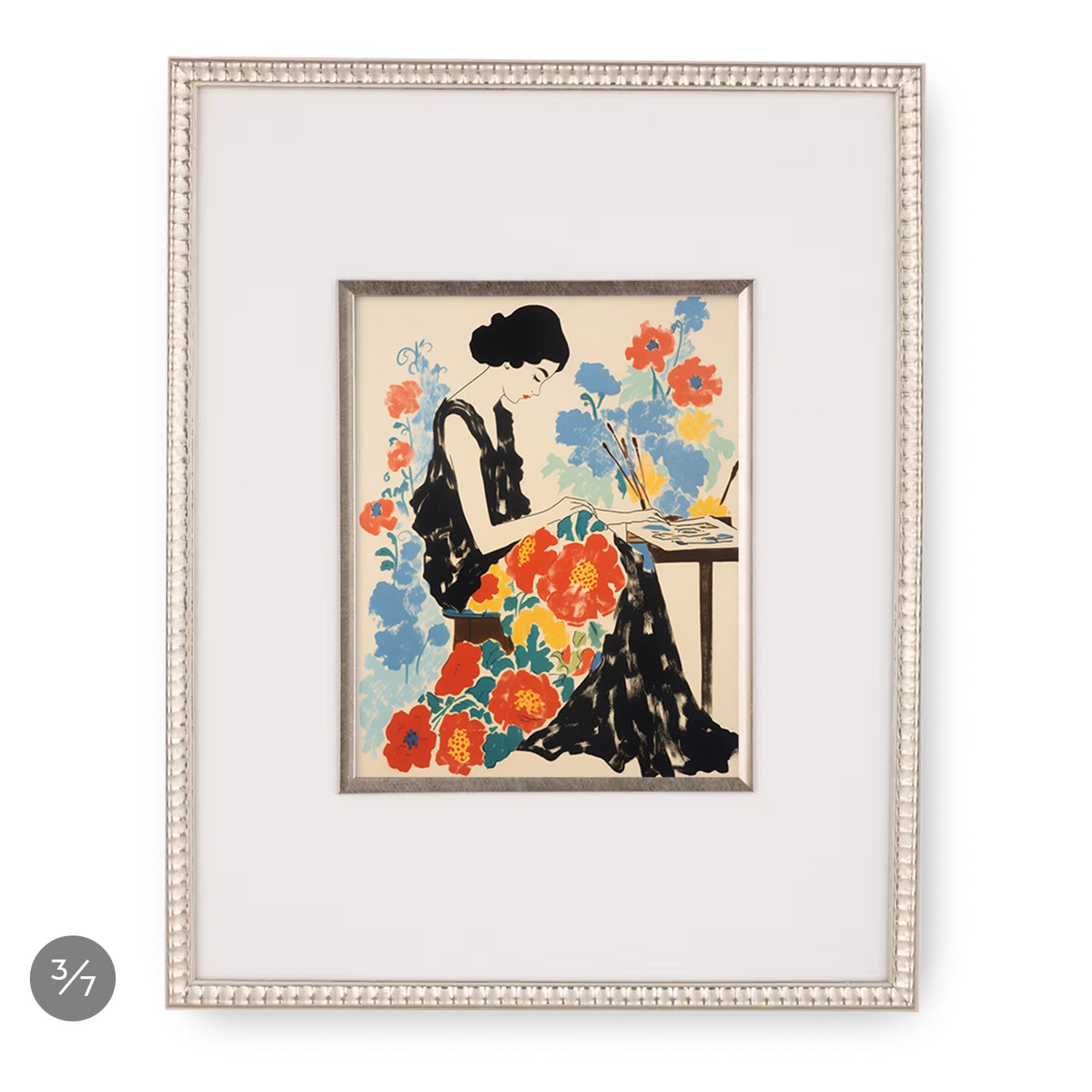 An art print of a woman sitting at a table, perfect for adding to your Stannie & Lloyd Gallery Wall | Holiday | 7 Piece Set.