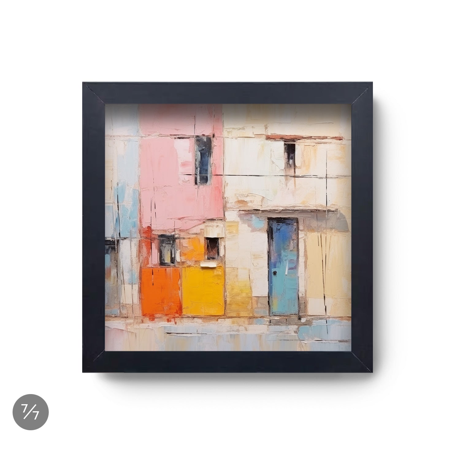 A colorful house painting in a black frame, displayed on a Stannie & Lloyd Gallery Wall | Holiday | 7 Piece Set.