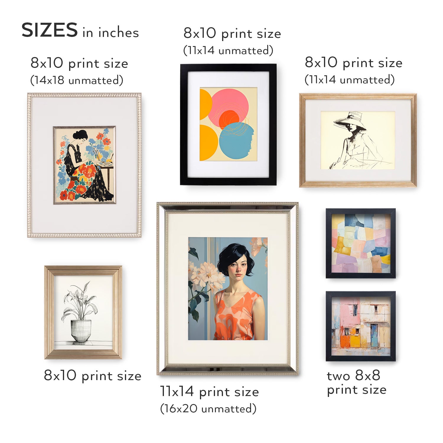 A chart displaying the various sizes of Stannie & Lloyd Gallery Wall | Holiday | 7 Piece Set framed prints available for creating a gallery wall.