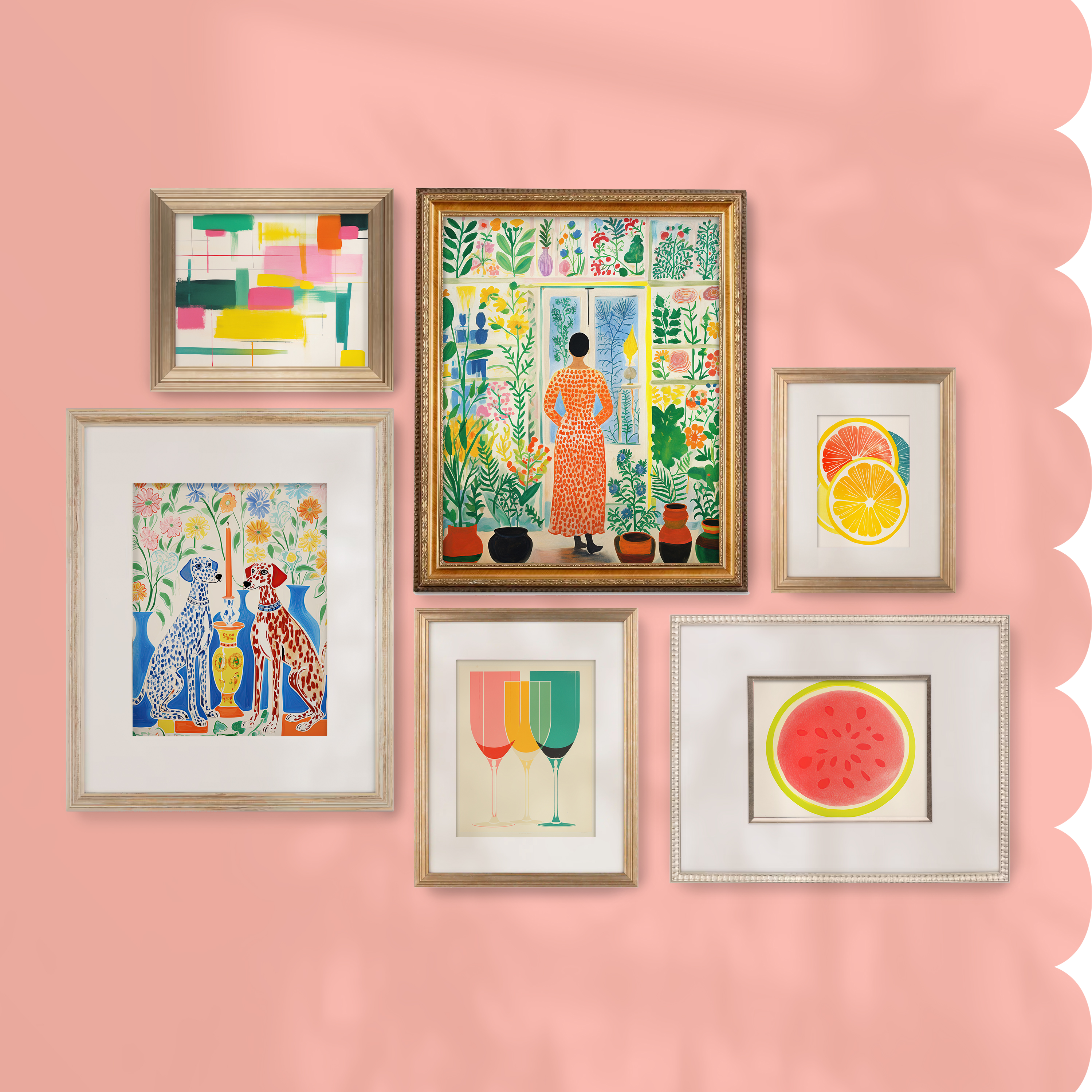 A collection of framed art on a pink wall.