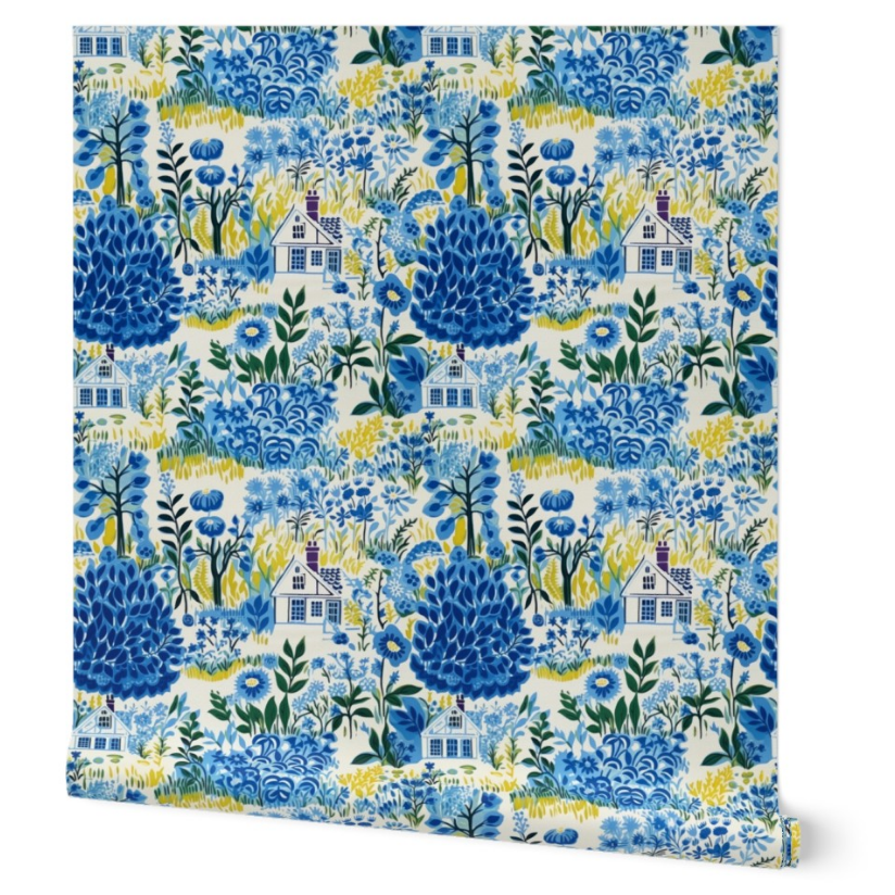 Patterned fabric with a Cozy Cottage in Blue Wallpaper design from Stannie & Lloyd, perfect for art prints.