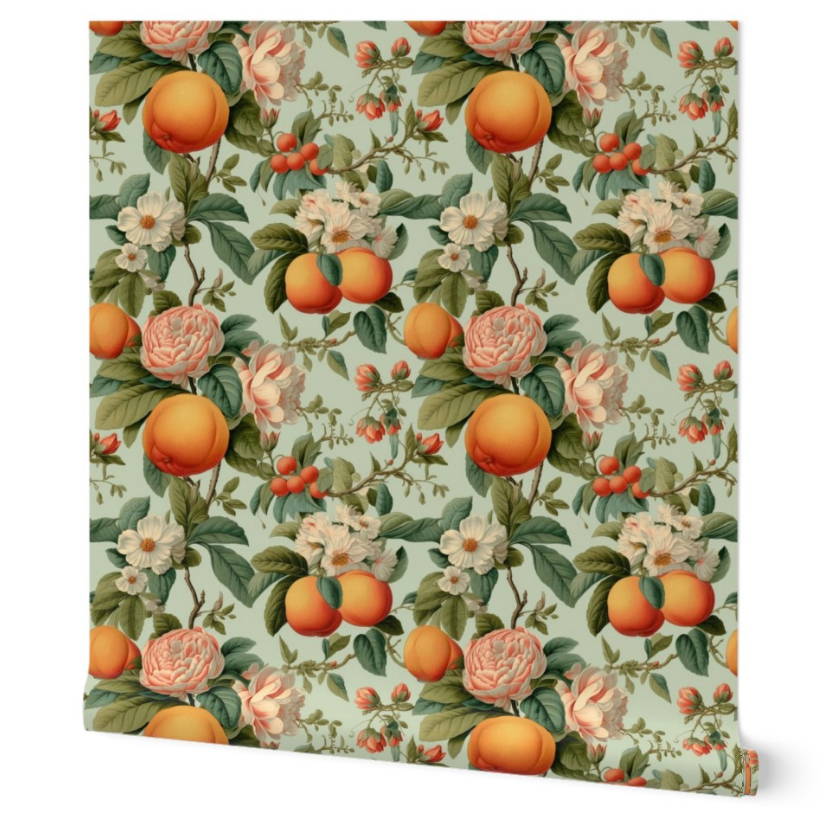 A floral and fruit pattern with oranges and blossoms on Stannie & Lloyd's Vintage Orange Blossoms Wallpaper.