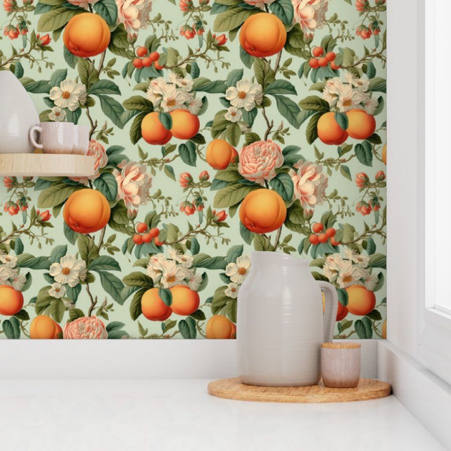 A kitchen corner featuring a white jug and cup on a wooden tray against walls with Stannie & Lloyd's Vintage Orange Blossoms Wallpaper.