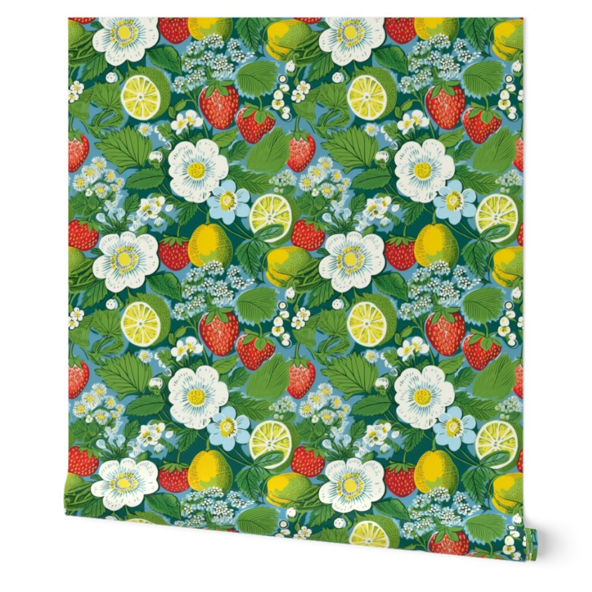 Colorful Strawberry Fields Wallpaper by Stannie & Lloyd with fruit and floral pattern on walls with art.