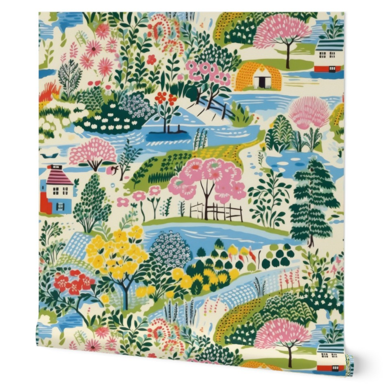 A colorful illustration of a whimsical countryside landscape with various trees, plants, houses, and wall decor is featured in the Colorful Cozy Village Wallpaper by Stannie & Lloyd, available in 3 options.