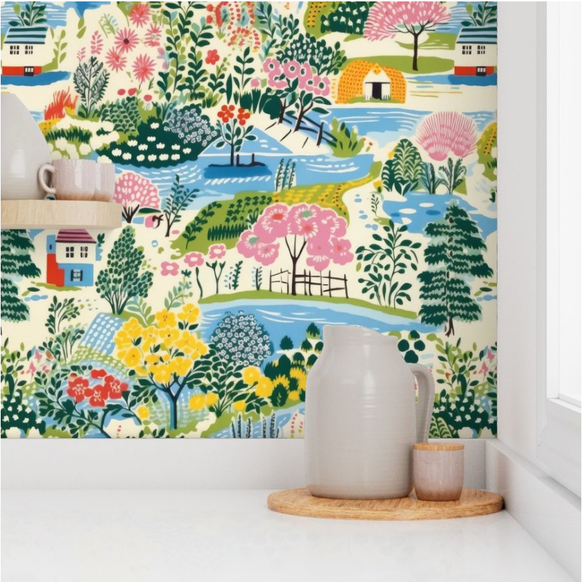 A Colorful Cozy Village Wallpaper for living room with a rural landscape design, featuring a white jug and cups on a wooden tray from Stannie & Lloyd.