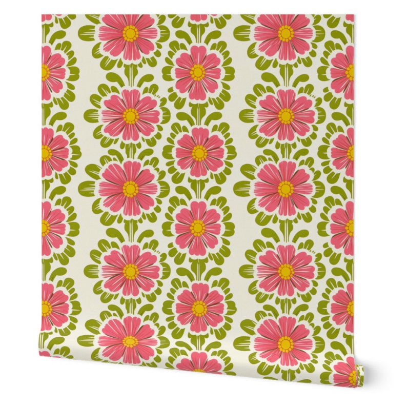 Floral pattern with pink daisies and green leaves, perfect for Stannie & Lloyd's Pink Pop Flowers Wallpaper, available in 3 options, ideal for art prints or vintage art on walls.