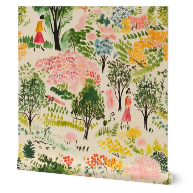 A Quiet Walk wallpaper by Stannie & Lloyd displaying a whimsical, colorful illustration of a garden with various trees and flowers, and two figures in dresses, perfect for walls with art.