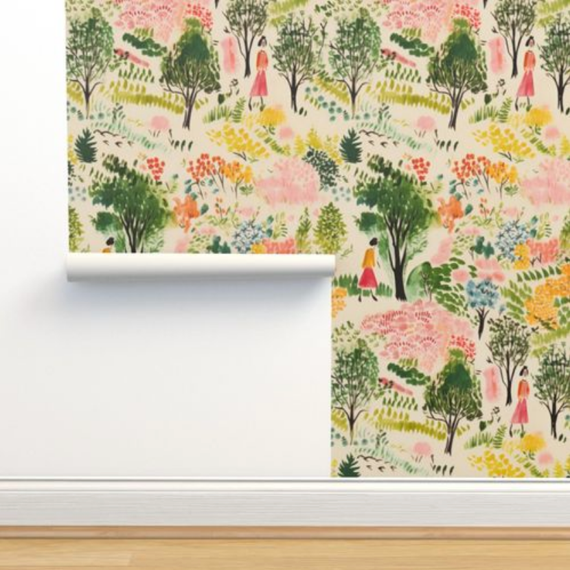 Colorful, whimsical A Quiet Walk Wallpaper with a garden motif featuring trees, flowers, and human figures by Stannie & Lloyd.