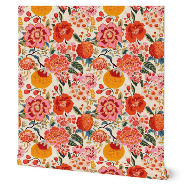 A vintage art floral and fruit pattern with oranges on a fabric surface printed with Pink Berries & Flowers Wallpaper by Stannie & Lloyd.