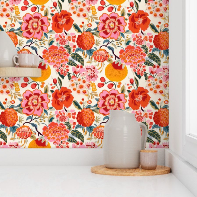 A colorful Pink Berries & Flowers Wallpaper for living room decorating with a white jug and cup on a wooden tray by Stannie & Lloyd.