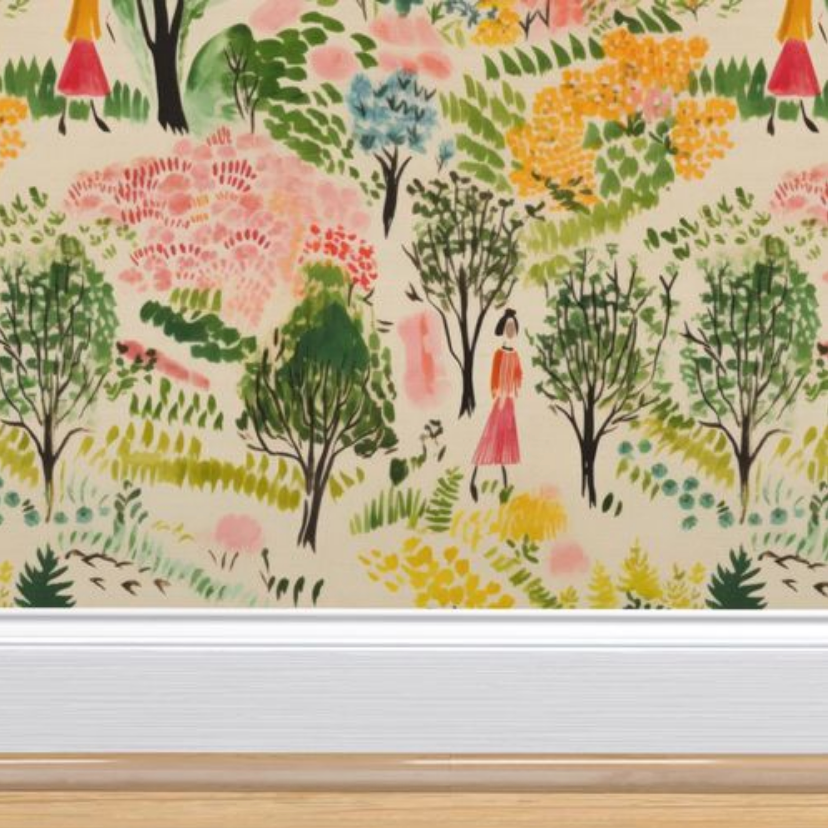 Colorful whimsical garden illustration with abstract trees and figures as A Quiet Walk Wallpaper by Stannie & Lloyd.