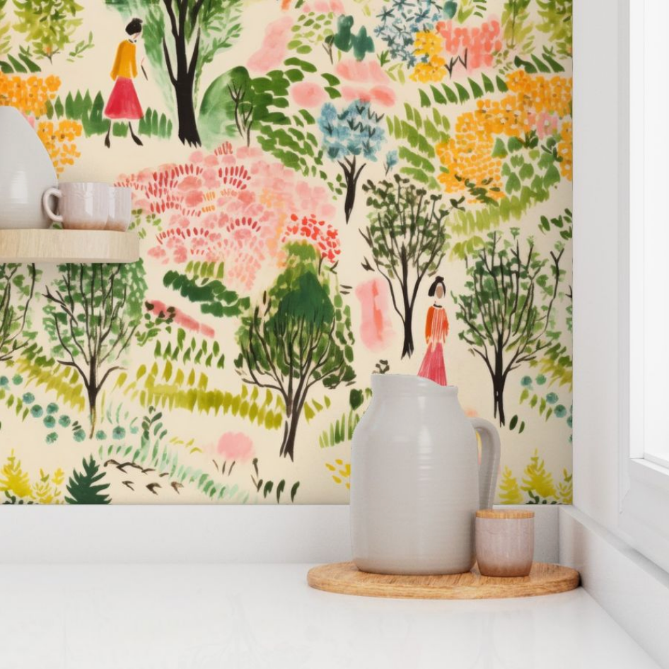 A colorful A Quiet Walk Wallpaper with whimsical illustrations behind a ceramic pitcher and cup on a wooden tray by Stannie & Lloyd.