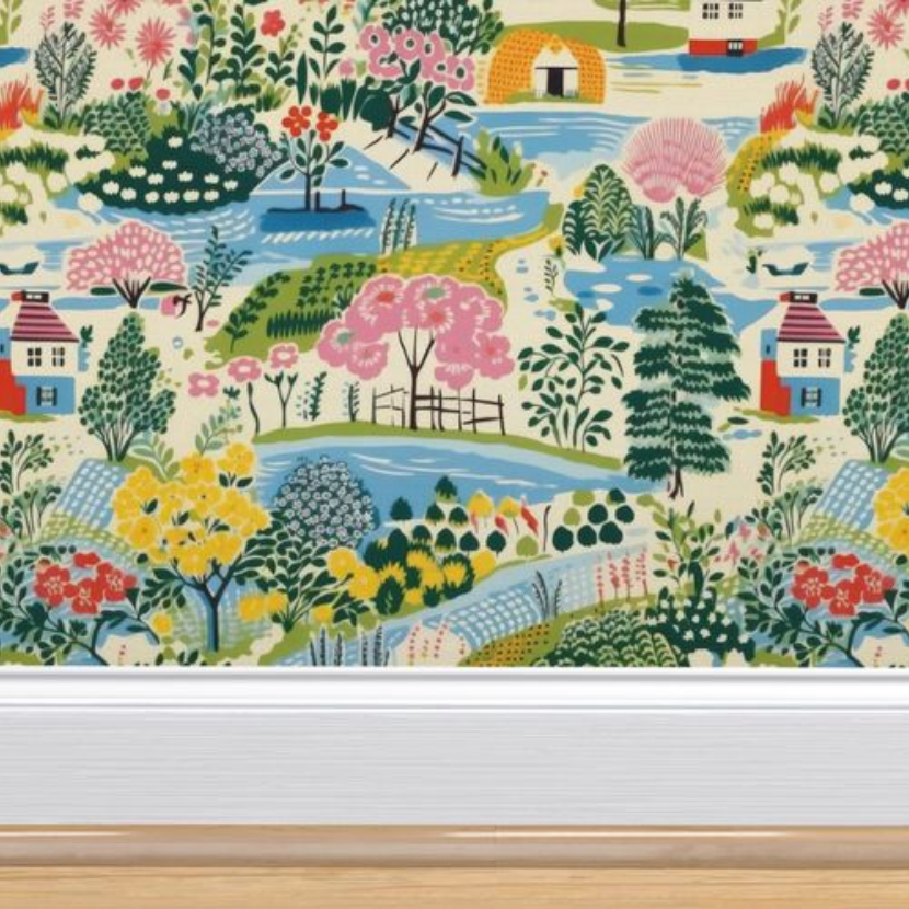 Pastoral Colorful Cozy Village wallpaper design exhibiting a colorful, stylized landscape with houses, trees, and a river, transforming walls with art from Stannie & Lloyd.