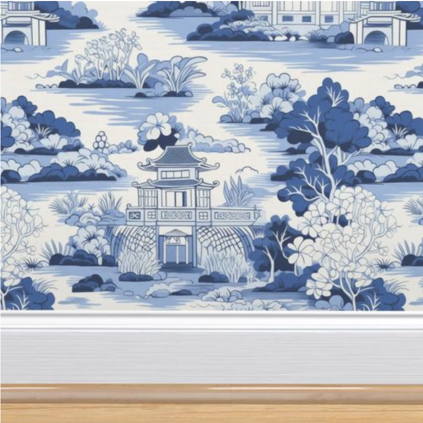 Large Blue Chinoiserie Wallpaper pattern featuring a traditional pagoda, trees, and florals becomes vintage art wall art for living room by Stannie & Lloyd.