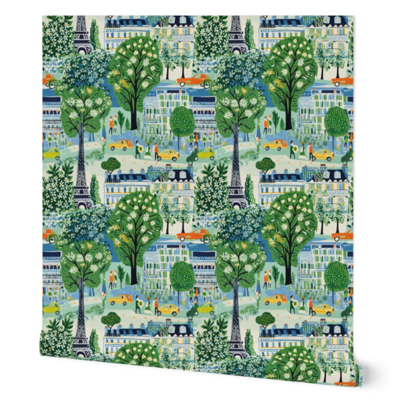 A wall art for living room design featuring stylized Spring in Paris Wallpaper by Stannie & Lloyd with landmarks, trees, cars, and people.