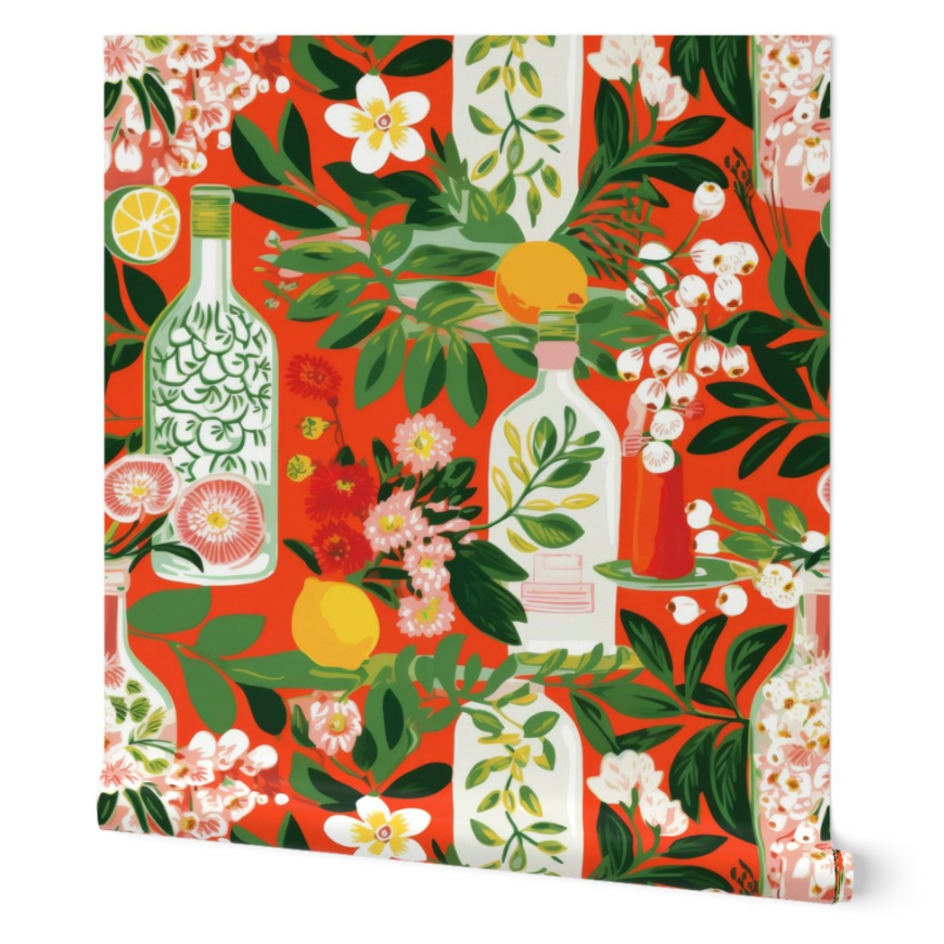 A red and orange floral wallpaper with lemons and oranges, featuring a traditional pebble texture. The Bottles in Deep Orange Wallpaper by Stannie & Lloyd, with 3 options to choose from.