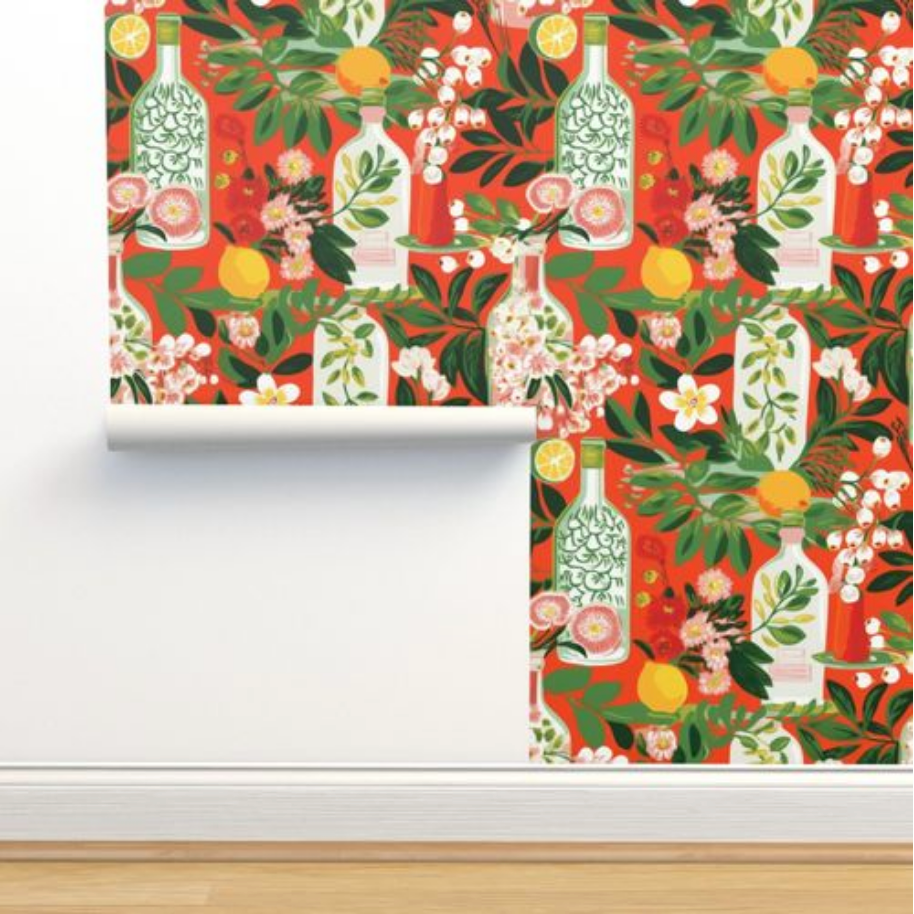 A Stannie & Lloyd red and white wallpaper with fruit and flowers on it, featuring a traditional pebble texture. The wallpaper is called "Bottles in Deep Orange Wallpaper" and comes in 3 options.