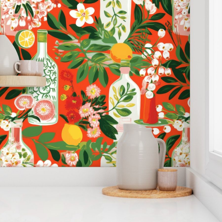 A Bottles in Deep Orange Wallpaper | 3 Options wallpaper with oranges and lemons by Stannie & Lloyd.