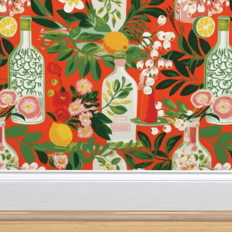 A red and orange Bottles in Deep Orange wallpaper by Stannie & Lloyd, with flowers and fruit on it, featuring a smooth texture for easy application.