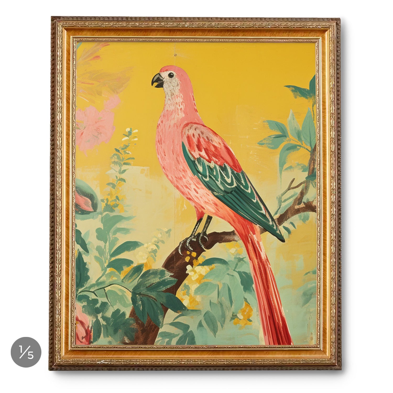 A pink parrot perched on a branch framed in gold, displayed on a Stannie & Lloyd gallery wall featuring the Gallery Wall | Mod Cottage | 5 Piece Set.