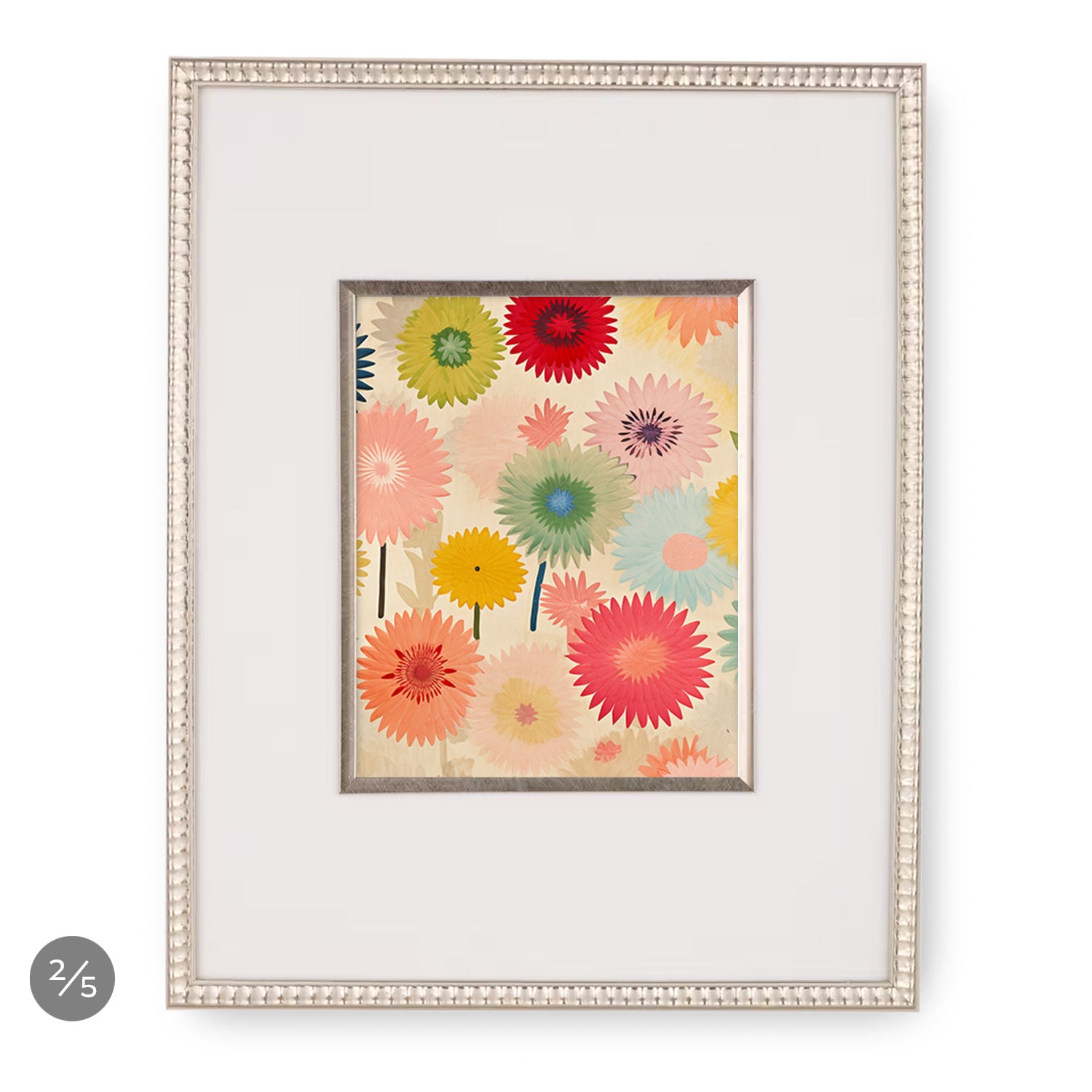 A colorful art print of flowers in a white frame, perfect for a Gallery Wall | Mod Cottage | 5 Piece Set by Stannie & Lloyd.