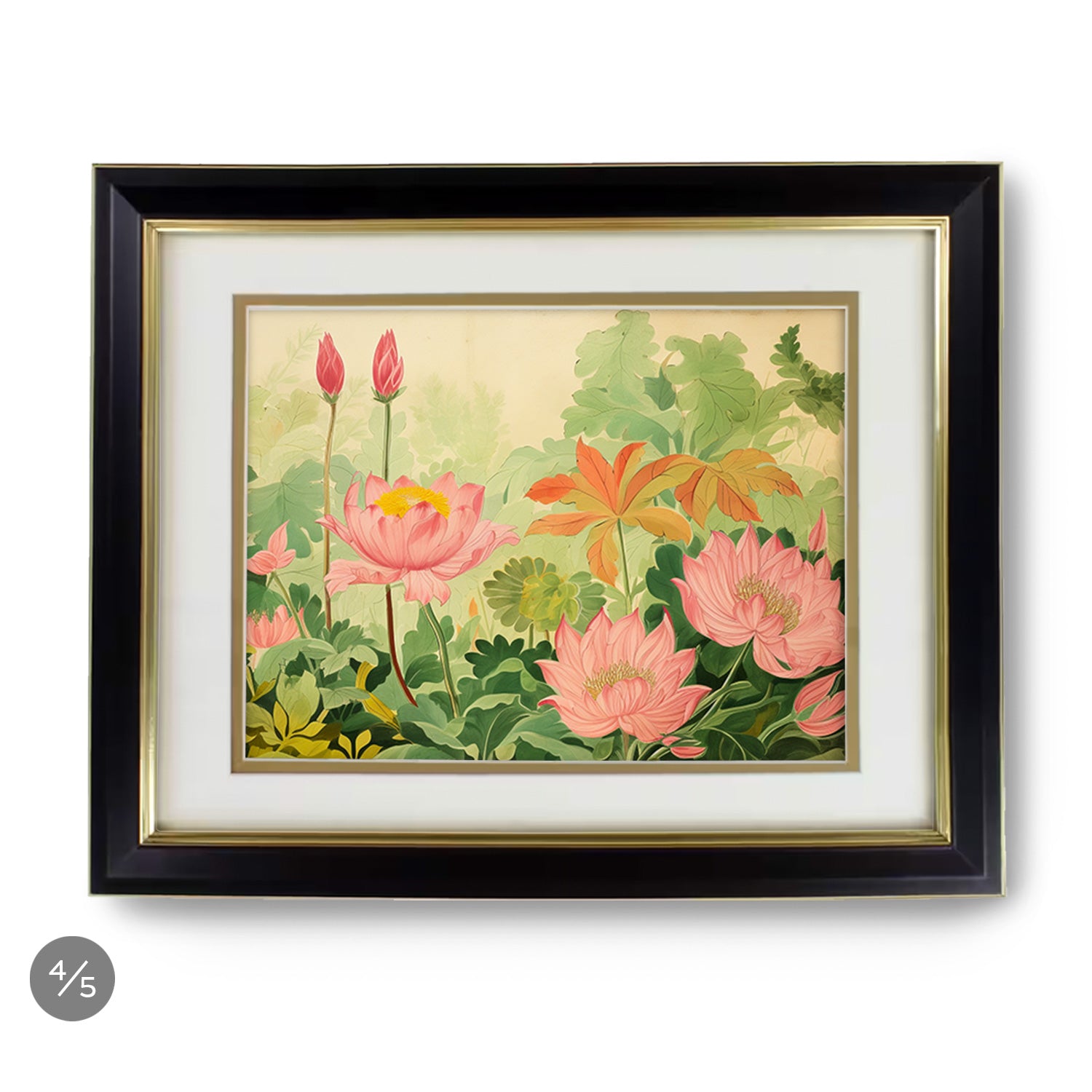 A beautiful piece of art featuring a framed painting of pink lotus flowers, perfect for showcasing on a Stannie & Lloyd Gallery Wall | Mod Cottage | 5 Piece Set.