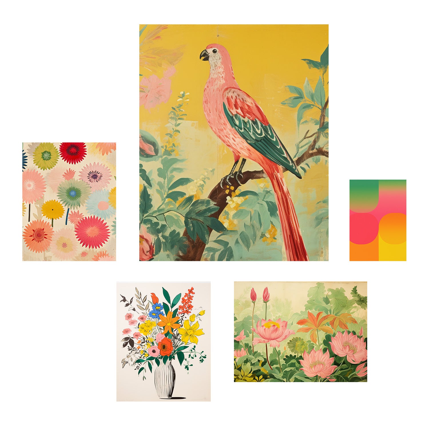 A vibrant Stannie & Lloyd gallery wall of Mod Cottage art prints showcasing a stunning parrot, blossoming flowers, and an elegant vase.